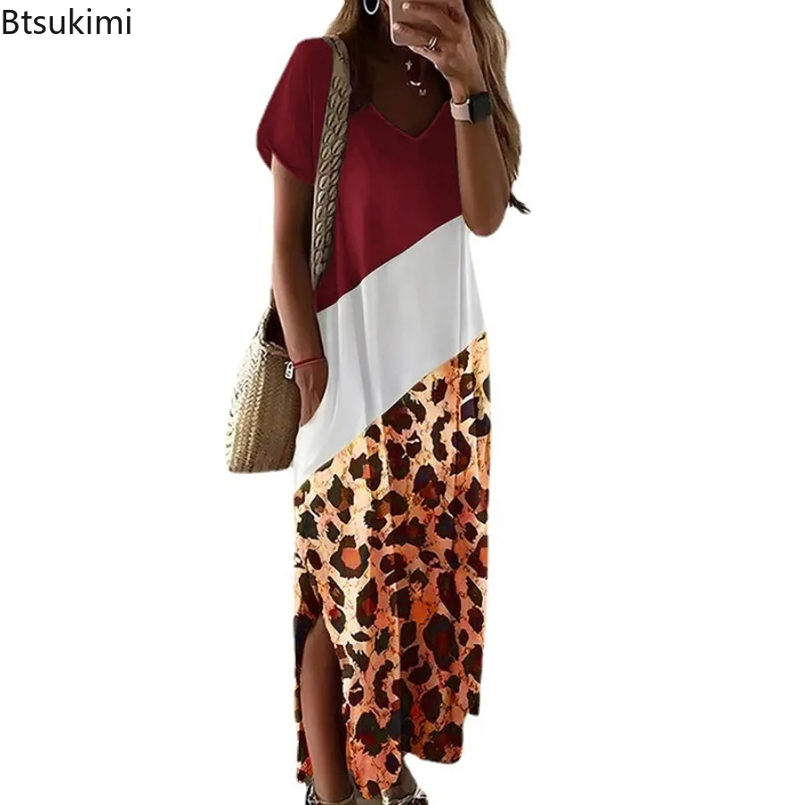 2024 Fashion Leopard Color Block Loose Casual Maxi Dress Women's Summer Short Sleeve Side Split Design V-neck T-shirt Long Dress