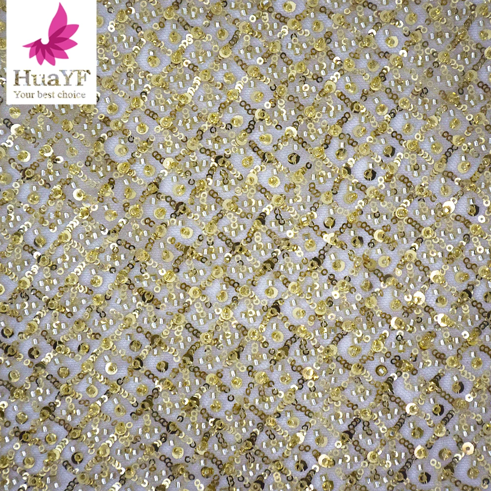 1 Yard High-end Gold Color Heavy Shining Sequins Beaded White French High Density Wedding Dress Lace Fabric HY2179-1