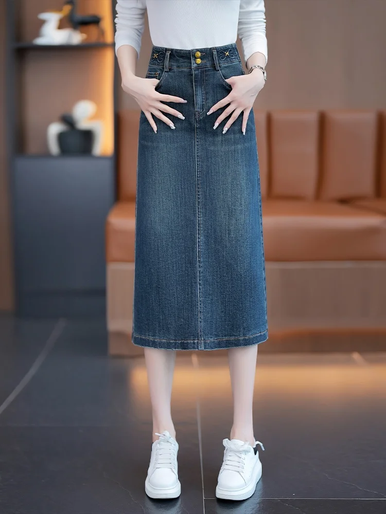 

High Waist A-Line Midi Slit Denim Skirt Women's Spring Autumn New Style One Step Bodycon Skirt Retro Blue Cotton Polyester Blend