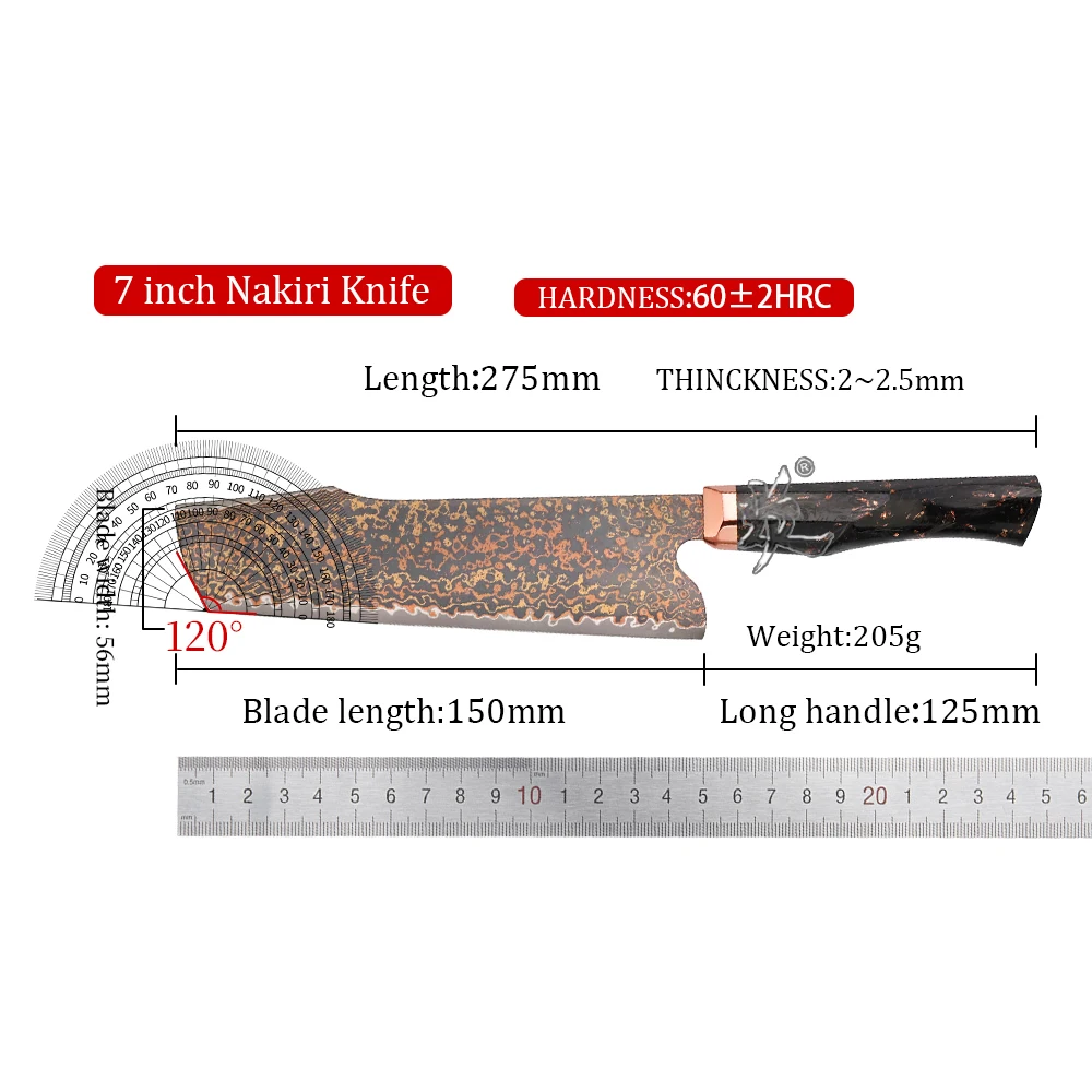 YAN Japanese 77 Layers Damascus VG10 10Cr15CoMoV Nakiri Kitchen Knife Octagonal Copper Bolster Carbon Fiber Handle