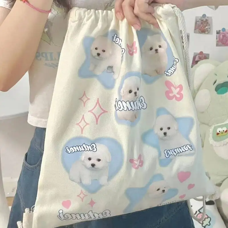 Women Vintage Cartoon Cute Heart Dog Schoolbags Korean Sweet Fashion Trendy Canvas Bags Y2k Aesthetic Kawaii Backpacks All Match
