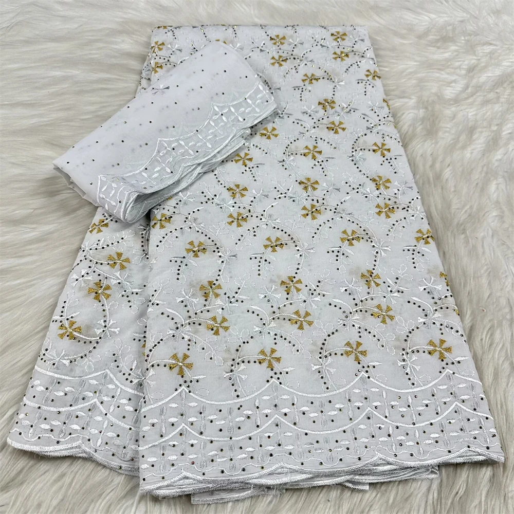 

Luxury 5Yards White Gold African 100% Cotton Lace Fabric Embroidered Swiss Voile With Stones For Wedding, Prom & Formal Dresses