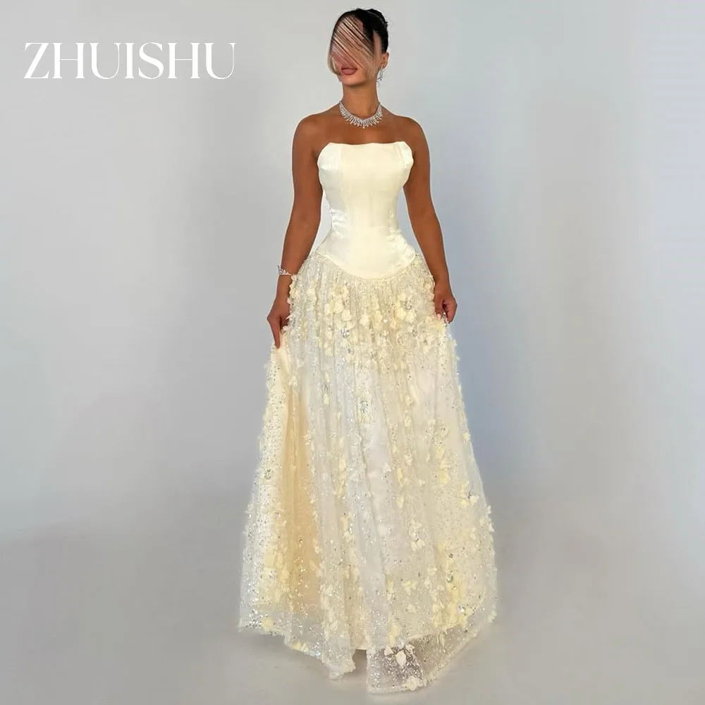 

ZHUISHU Желтые роскошные длинные платья для выпускного вечера Женское кружевное вечернее платье без бретелек с цветочным принтом по индивидуальному заказу Саудовская Дубай Вечерние платья