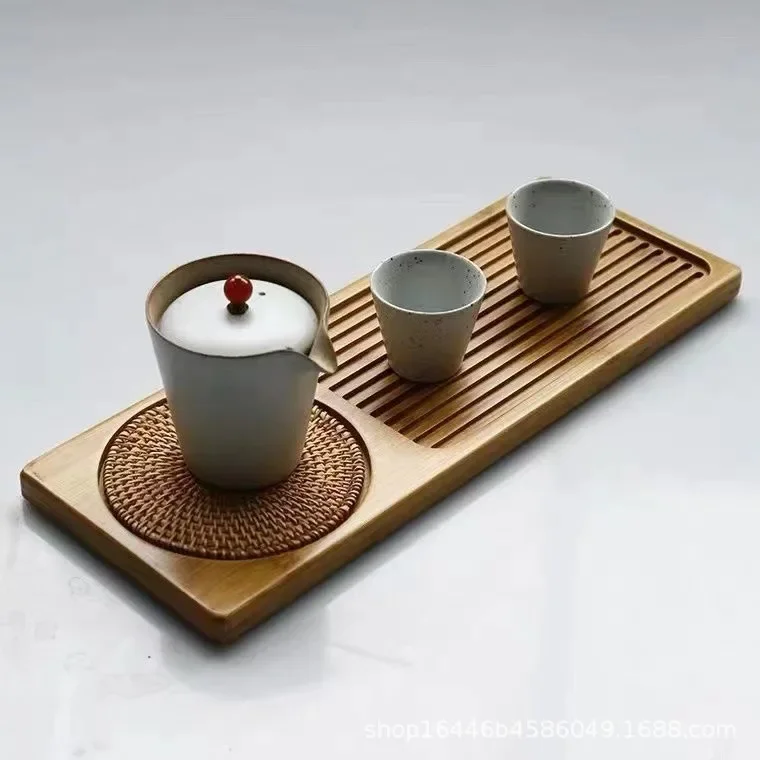 Small Size Dry Steeping Tea Tray with Woven Rattan Mats, Natural Bamboo Tea Board, Hotel Serving Tray