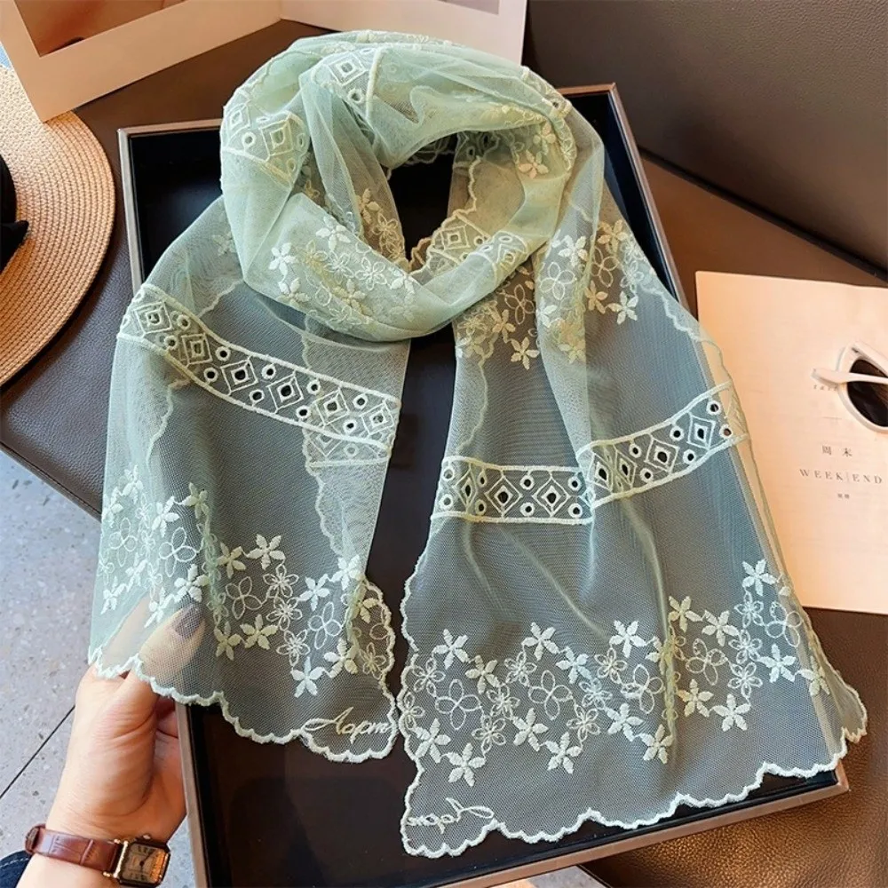 

Summer Lace Small Long Scarf Solid Color Soft Travel Sun Protection Scarf Embroidered Flower Decorative Shawl for Women Girl