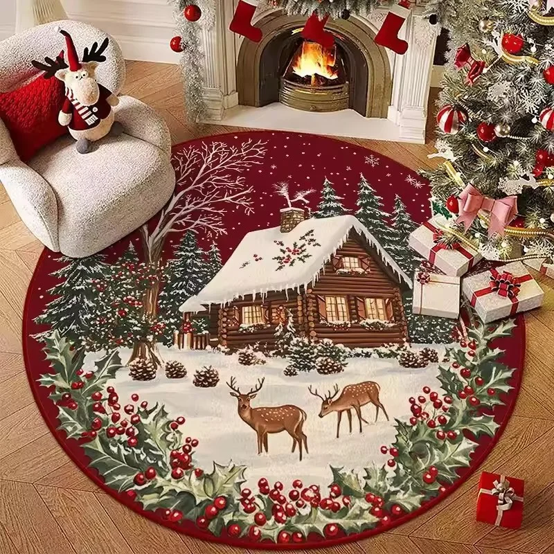 VIKAMA Christmas Round Area Carpet Non-Slip Easy Care Living Room Sofa Floor Mat Bedroom Bed Blanket Holiday Home Decoration