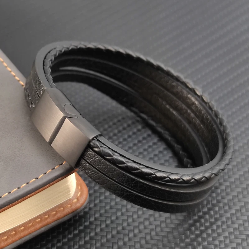Hot Sale Multi-layer Leather Bracelet Stainless Steel Metal Luxury Bangles For Men Charm Accessories For Friend Husband Gifts