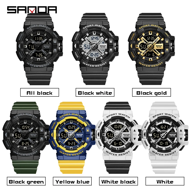 Moda Sanda Sports Militar Men's Watch Waterproof Dual Display Quartz Relógio De Pulso Para Relógio Masculino Cronômetro Relogios Masculino