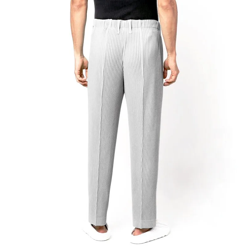 ISSEY 2026 New Arrival Japan Miyake-Style Pleated Relaxed-Fit Straight-Leg Trousers with Split Hem