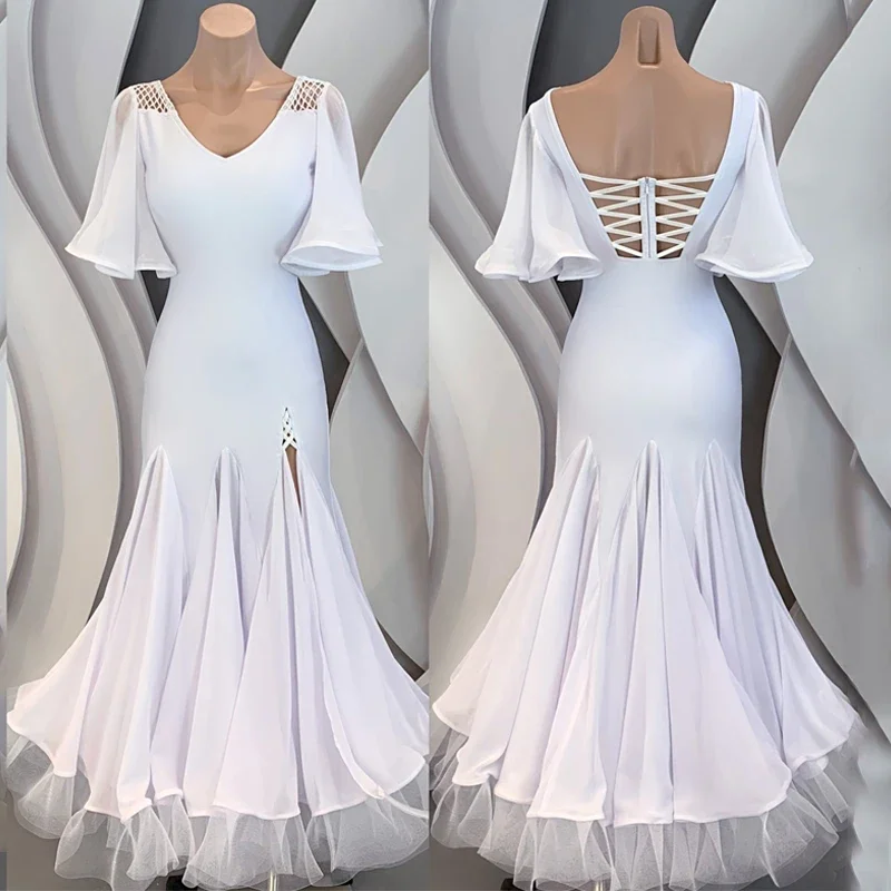 

High-End Custom Latin Dance Dress Women White Ballroom Dance Competition Dress Evening Dresses Stage Dance Costumes SL8049