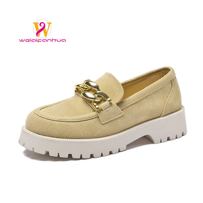 

Women Loafers Suede Genuine Leather 2023 New Chain British Style Women Spring Shoes Large Size 41 42 Student Shoes Ladies