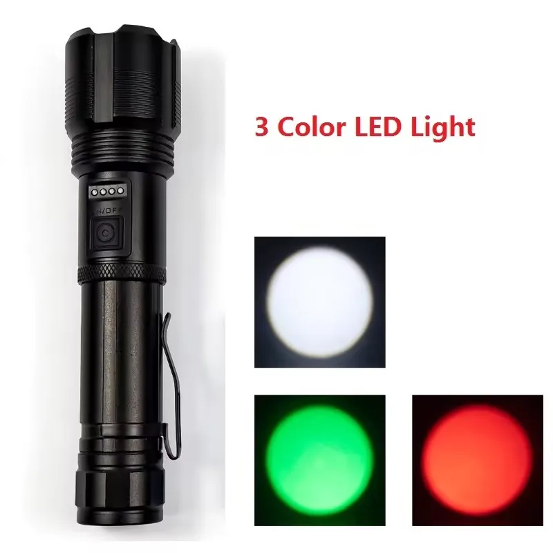 TOPCOM Green Red Hunting Flashlight USB Rechargeable 3LED 5W Powerful Tricolor Zoom Tactical Lantern with 18650 Battery