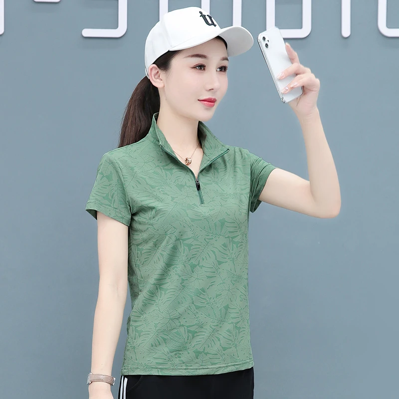 New Summer Women'S Half Zipper Stand Up Collar Short Sleeved T-Shirt Printing Quick Drying Versatile Loose Casual Sports Top