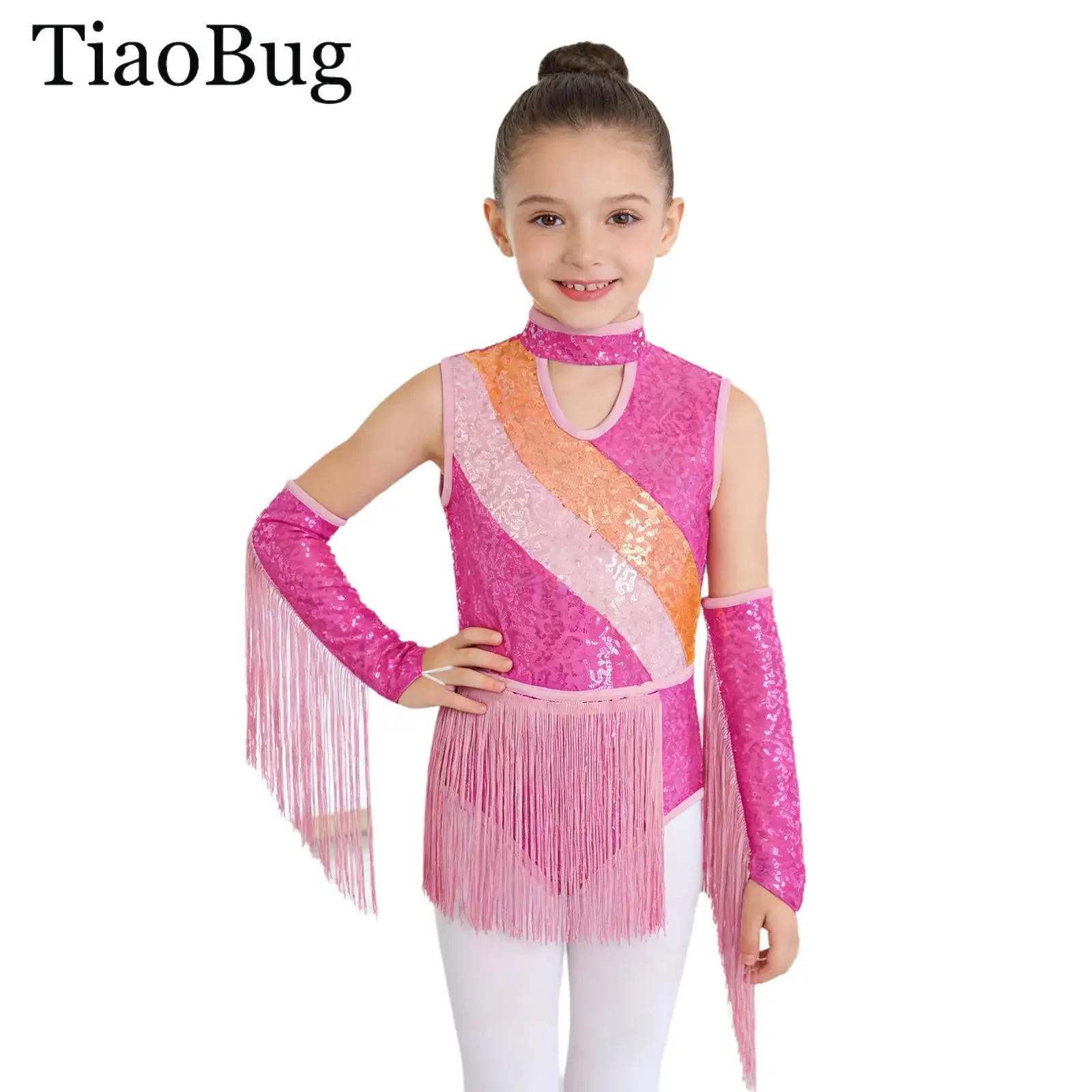 

Kids Girls Tassel Latin Dance Dress Sleeveless Color Block Sequin Leotard with Fringed Gloves Outfit Cha-cha Samba Tango Costume