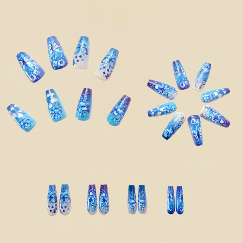 24pcs Mid-Length Ballet False Nails Long Blue Floral Butterfly Coffin Finger Nail Tips Cheap Press on Acrylic Nails Removable