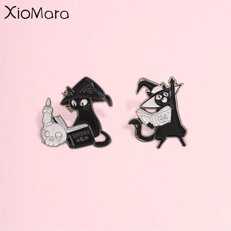 Gothic Witch Black Cat Enamel Pin, Cartoon Skull Candle Spell Book Cat Badge, Fashion Accessory, Gift for Cat and Witch Lovers