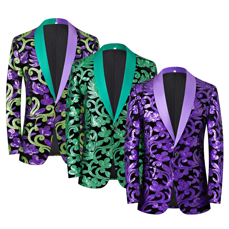 

Fashion Men Trend Sequin Suit Slim Fit Splicing Jacket Singer Magician Stage Performance Luxury Flower Dress Blazers