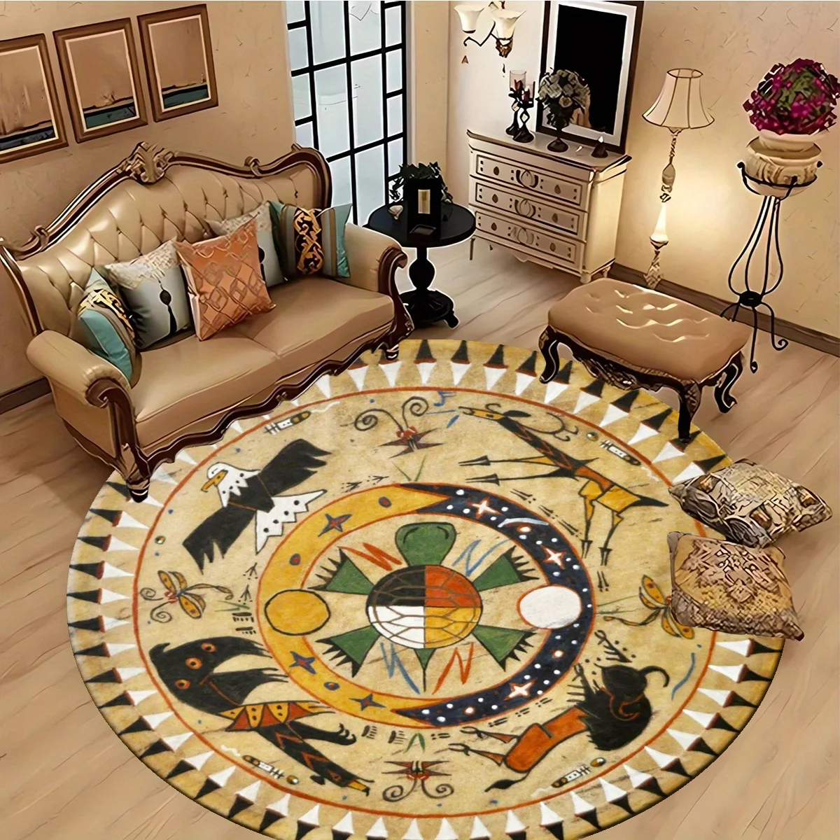 Boho Mandala Round Area Rug Cushion Mat Tribal Geometric Living Room Decor Plush Cushioned Accent Floor Runner Mat