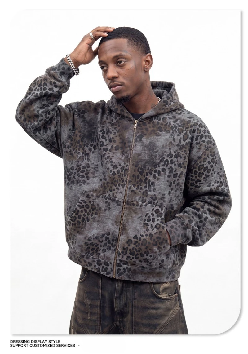 2026 Autumn New American Leopard Print Zip Up Hoodie for Men Y2K Retro Hip-hop High Street Men's Hooded Jacket Streetwear