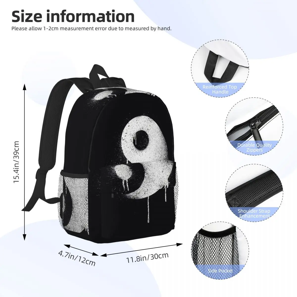 Chinese Yin Yang Graffiti Print Backpack Daypack Large Capacity Boys Girls BookBag Shoulder Bags for Men Women Kids School Bag