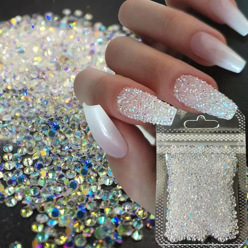 Microcabello iridiscente de 1,5mm, cuentas para decoración de uñas, diamantes de imitación 3D transparentes AB, Mini cristales Pixie, gemas brillantes, decoración de purpurina con punta inferior * 3