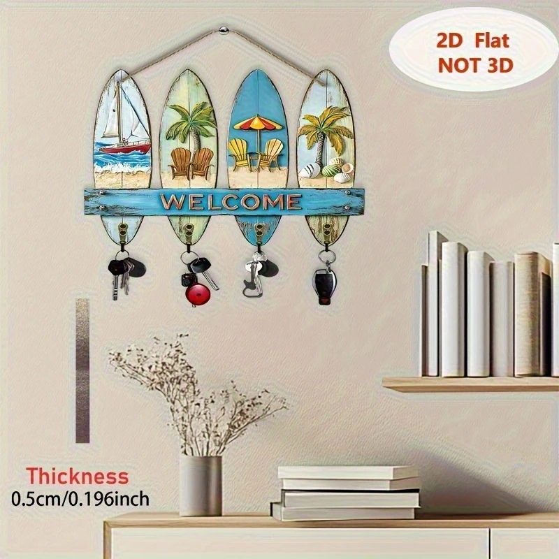2D Retro Beach Surfboard Wooden Key Holder Multi-Functional Wall Hanging Home Decor Storage Organizer Ocean Lovers Gifts