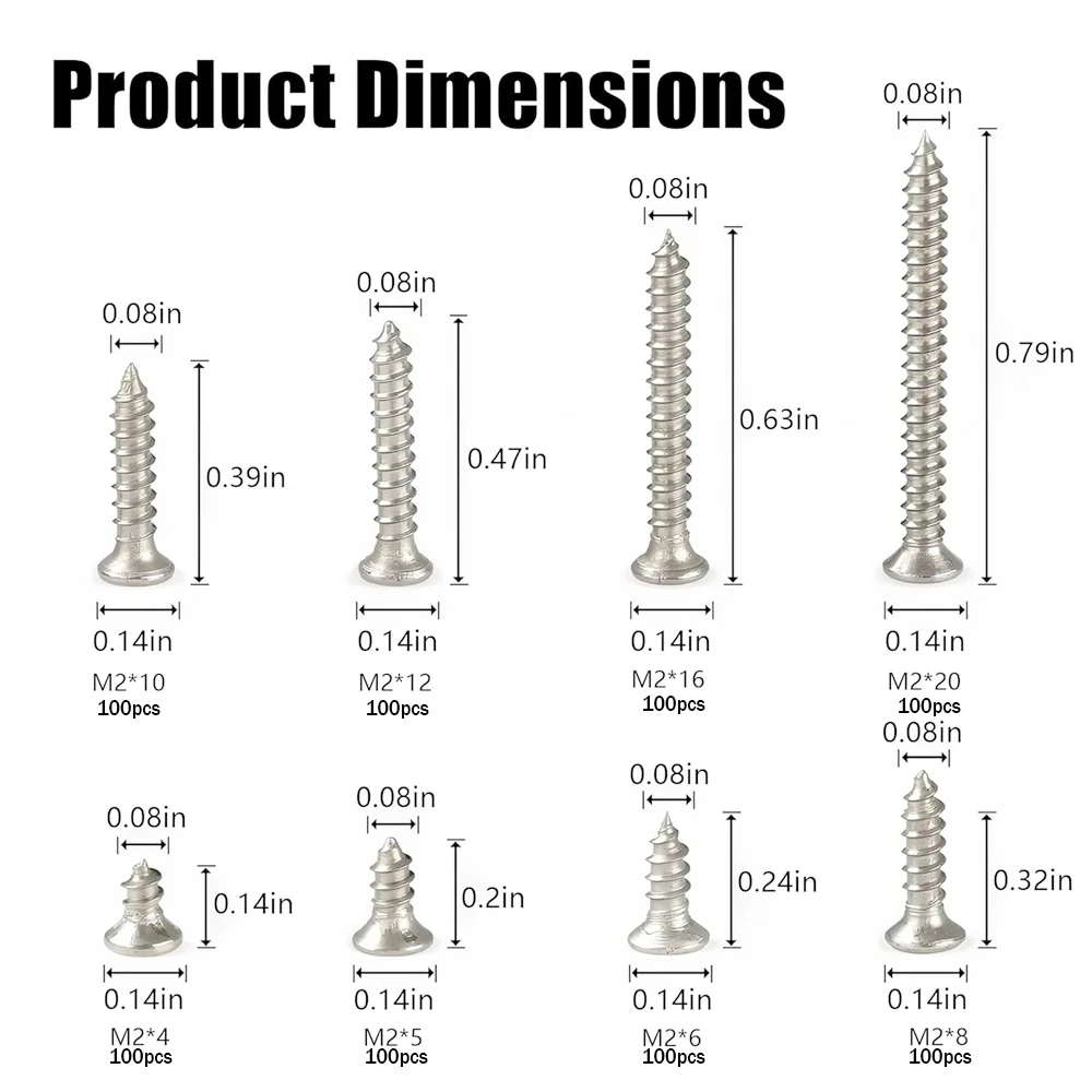 800Pcs M2 Cross Flat Head Screws, 4mm-20mm Plated Carbon Steel Flat Head Screws Self Tapping Screws Wood Screws Assortment Kit