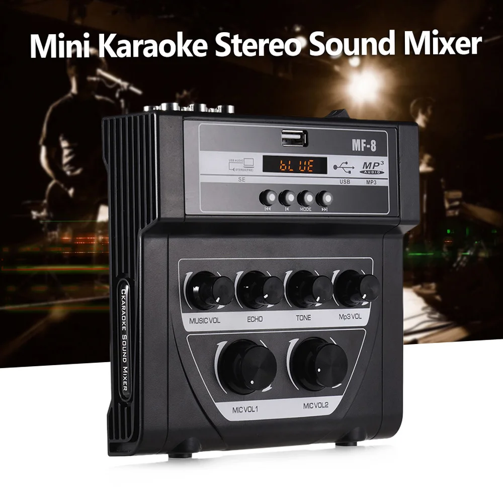 

Mini Karaoke Sound Audio Mixer Stereo Echo Mixers Dual Microphone Inputs Support BT Recording MP3 for TV PC Smartphone Amplifier