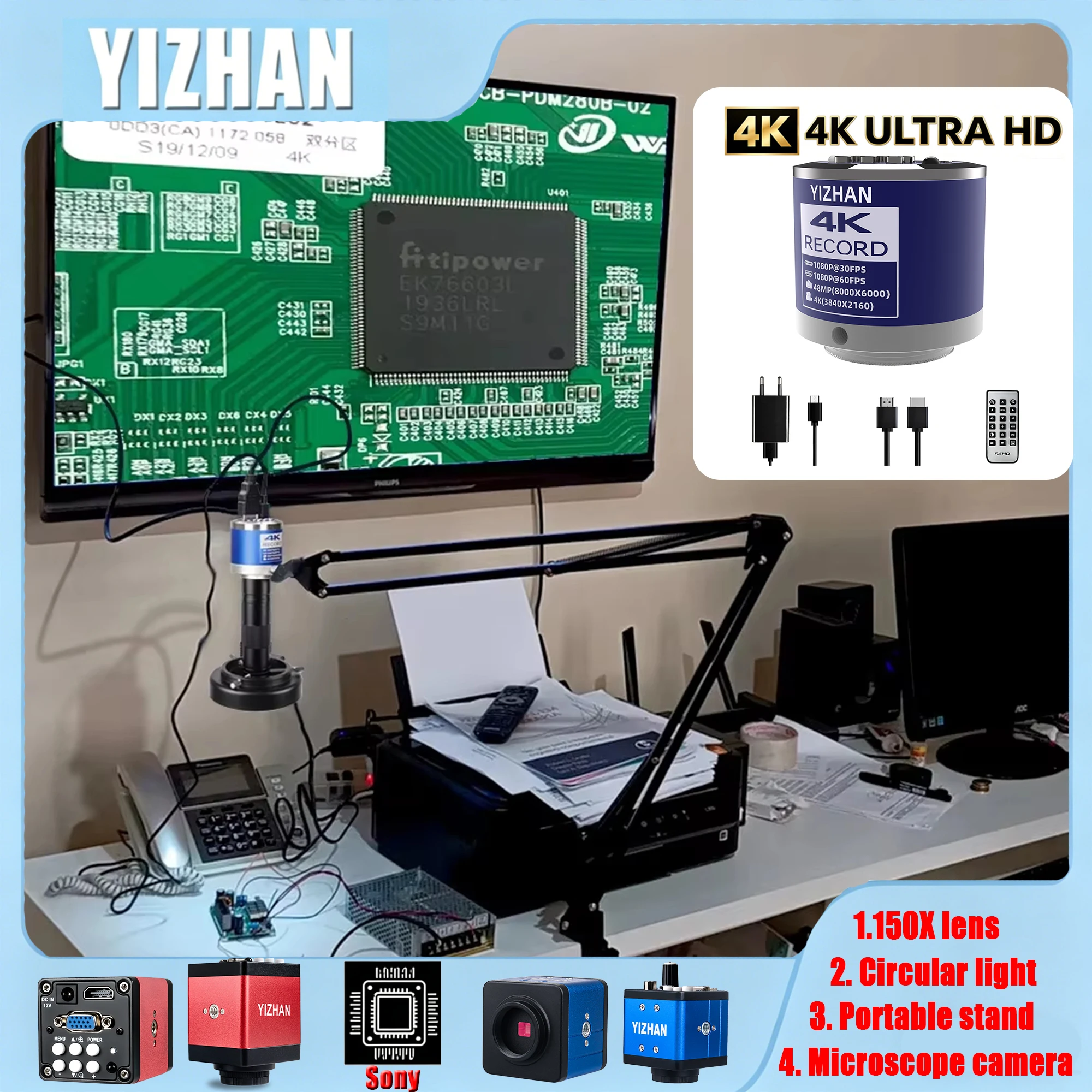 

YIzhan 4K 48MP 1080P Industrial Microscope C-Type Interface Digital Camera 1-150X Zoom Lens Soldering Microscopio HDMI USB VGA