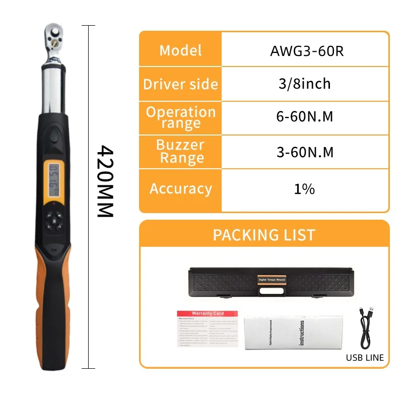 AliyiqiAWG3-60RN.M 3/8 Digital Torque Wrench Bidirectional 36 Teeth 2% Connect With ComputerAutomotiveHand Car Bike Repair Tools