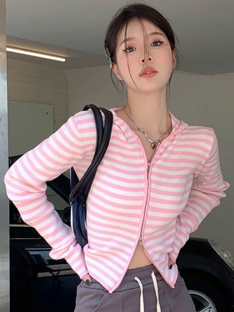 Striped Cardigan Women Slim Zipper Cropped Design American Style Fashion Young All-match Spring Chic Classic Кардиган Женский