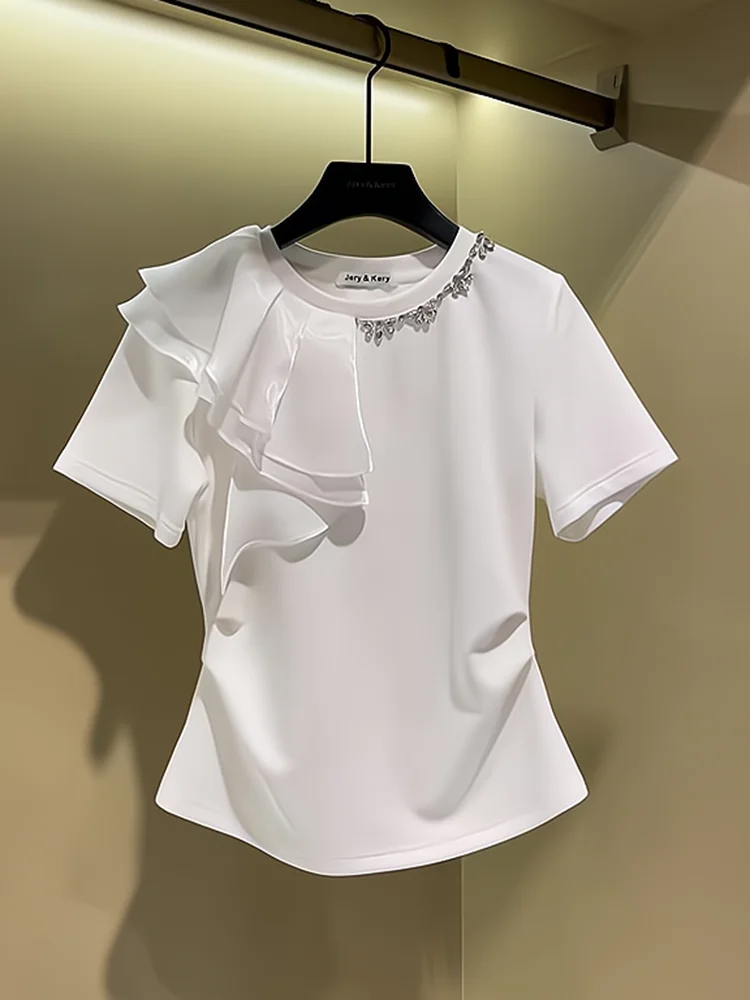 

White ort Sve T-irt Women's Summer Slim Fit Diamond Embellied Waist-Cinching Versatile Top Korean Sle Commute Faion