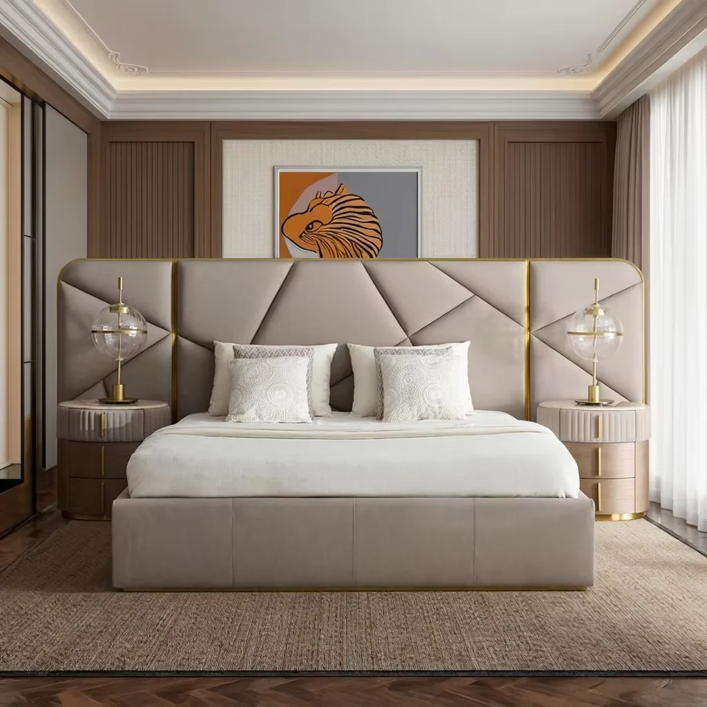 Lj Furniture Luxury أحدث تصميم مجموعة أثاث غرفة النوم النوم جلد طبيعي منجد إطار سرير مزدوج بحجم كينغ
