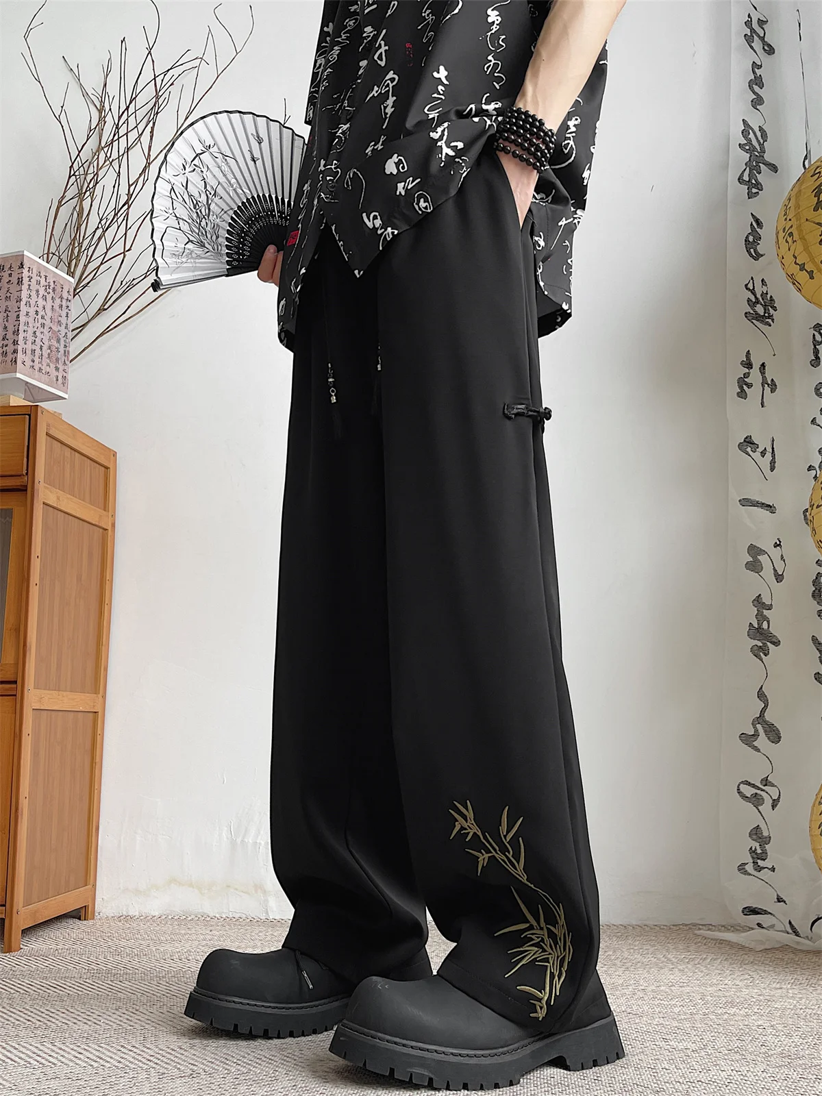 

Новые китайские брюки из бамбука с вышивкой, свободные, прямого кроя, повседневные, для мужчин, летние, модные, брендовые, длинные, для отдыха