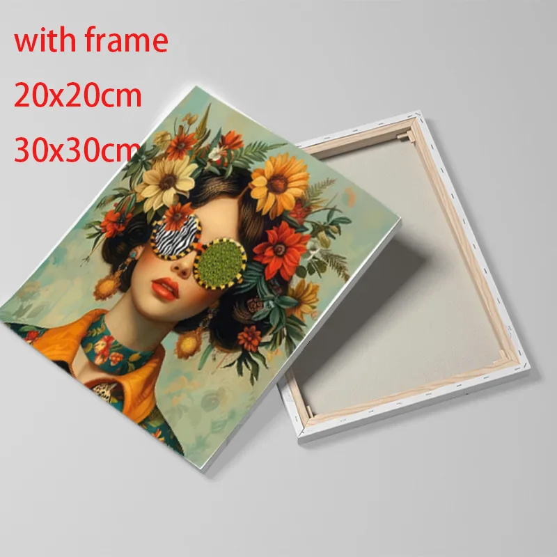 Beautiful Woman with Glasses Flower Canvas Wall Art Painting Posters and Prints Women Wall Art Picture Room Decor Picture