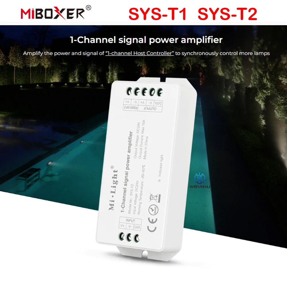 

Miboxer SYS-T1 1-Channel Host Controller SYS-T2 1-Channel Signal Power Amplifier DC24V 15A DMX51 2.4G Control Wifi APP Voice