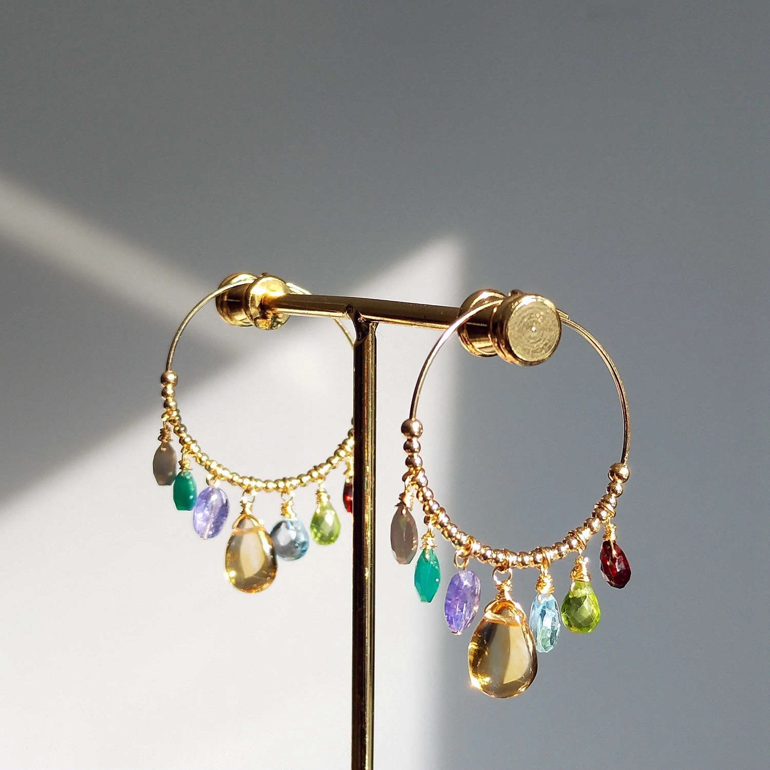 Lii Ji Multi Gemstone American 14K Gold Filled Hoop Earrings Natual Stone Handmade Jewelry