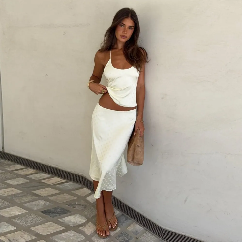 

French Two Piece Outfit 2 Pieces Set For Woman New In Matching Set Simple Style Temperament Sexy Elegant Neck Halter Sling Skirt