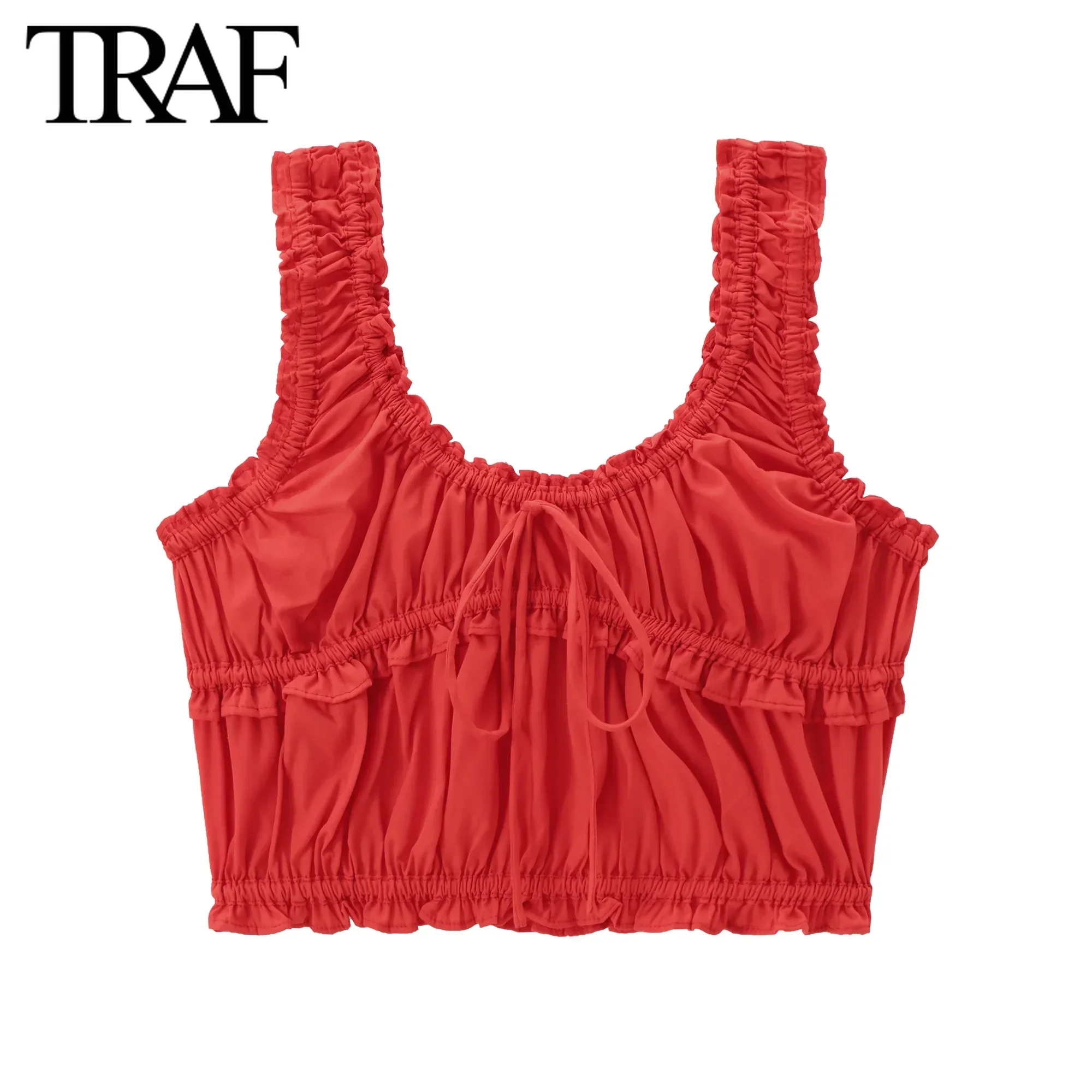 TRAF Women Fashion Summer New Pleated Ruffled Edge Lace Up Bow Poplin Top Blouse Street Clothing Vest Tank Chic Ladies Crop Tops