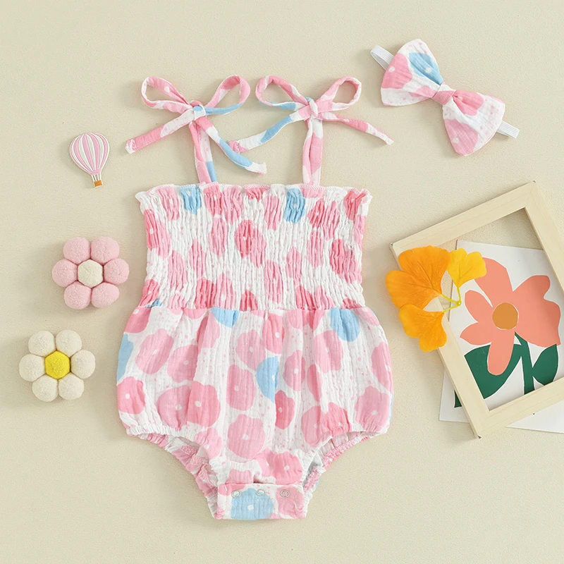 0-24M Infant Baby Girl Summer Jumpsuit Cute Strawberry Rabbit Print Tie Strap Smocked Romper with Headband Set Newborn Clothes