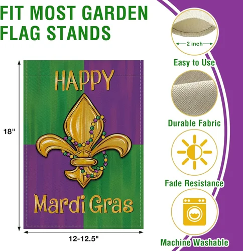 Happy Mardi Gras Fleur De Lis Small Decorative Garden Flag, New Orleans Carnival OOV IIC