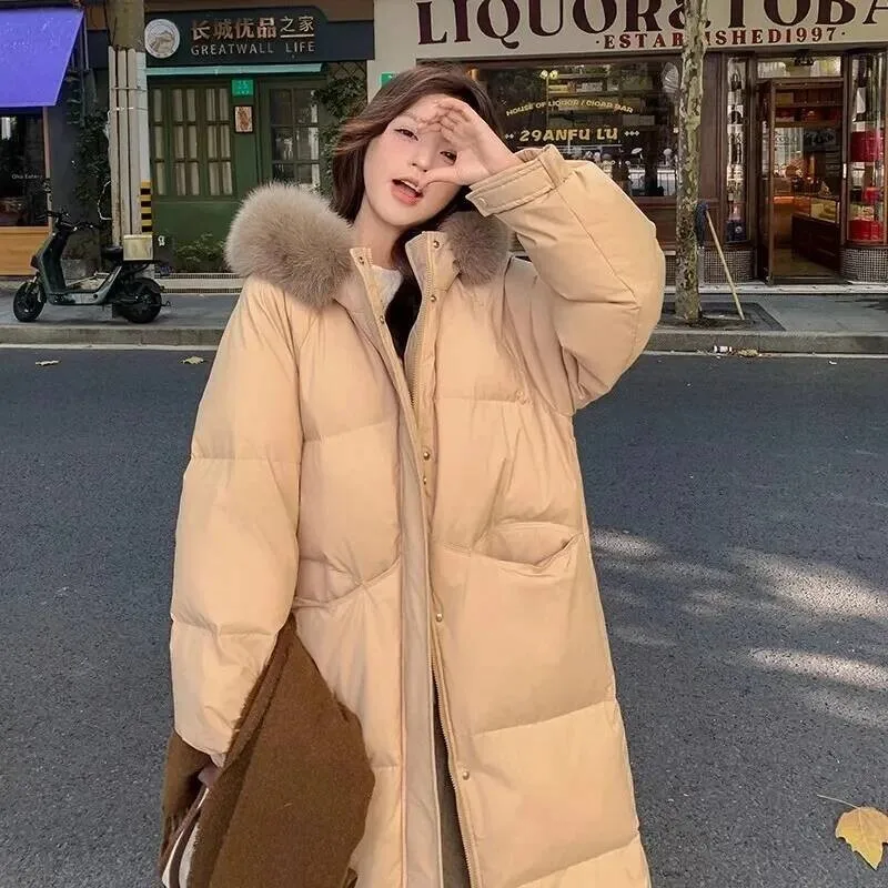 

2025 Winter New Down Cotton Parkas Women's X-Long Faux Fur Collar Thick Loose Large Size Padded Jacket