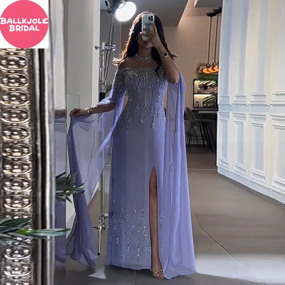 

Luxury Lilac Mermaid Slit Evening Dress with Cape Sleeves Dubai Beaded Formal Gown for Wedding Party 2024 Arabic Women's Dress