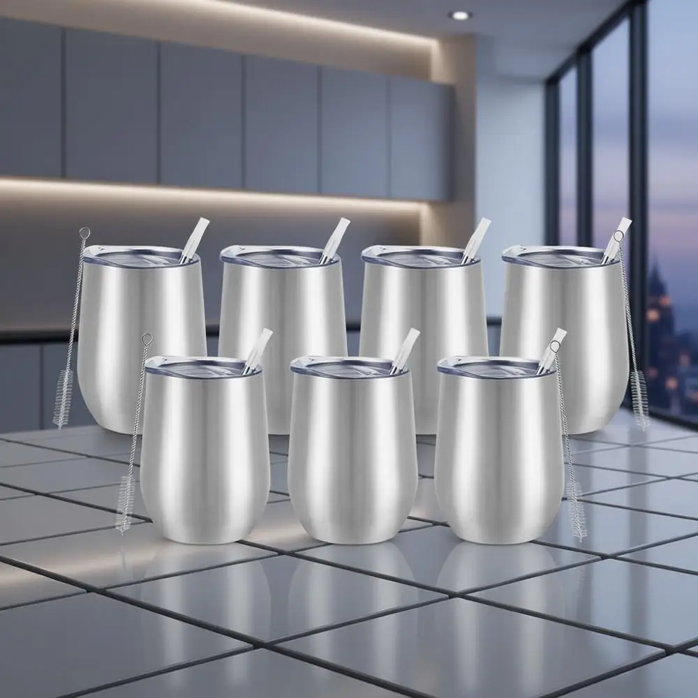 

Set of 12 Vacuum Insulated Stainless Steel Wine Tumblers, 12Oz Stemless Cups with Lids & Straws, Ideal for Coffee, Wine, Cocktai