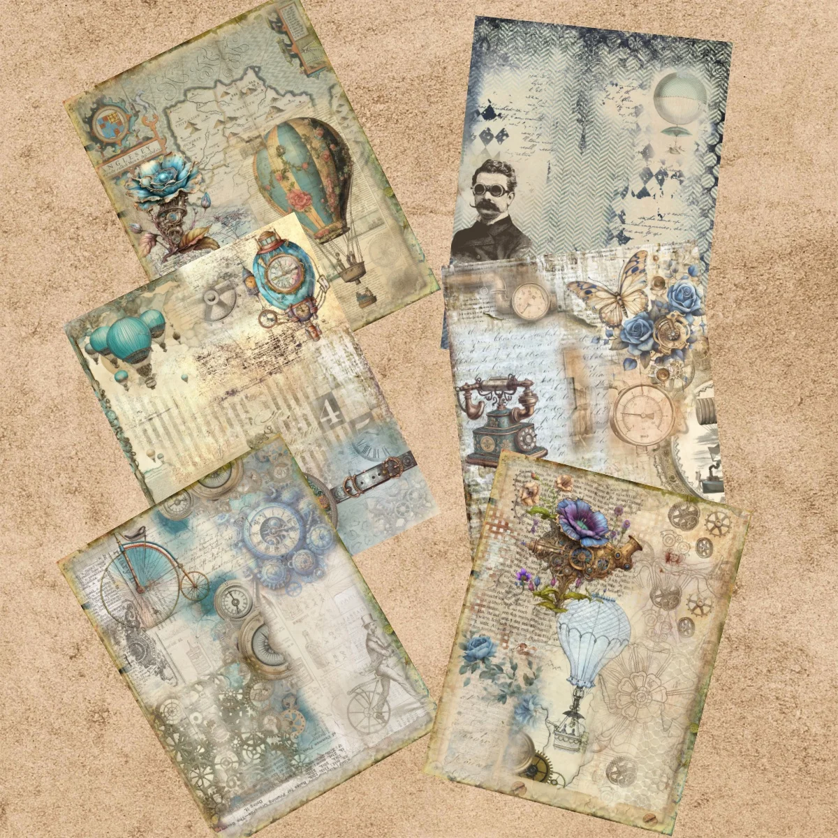 12 vellen A5-formaat Steampunk luchtschip gemaakt van oude krant portret achtergrond Vintage Grunge Journal Planning Scrapbooking