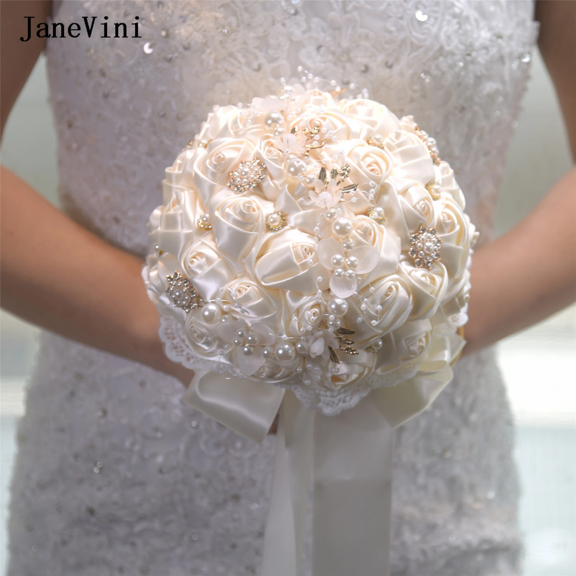 JaneVini New Stunning Wedding Flowers Ivory Bridesmaid Bridal Bouquets Pearls Artificial Satin Roses Bride Wedding Bouquet Cheap