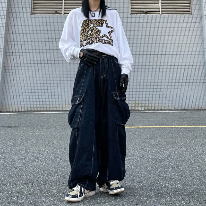 

Deeptown Vintage Oversized Cargo Jeans Woman Hip Pop Streetwear Grunge Harajukju Wide Leg Denim Pants Trashy Y2k Baggy Trousers