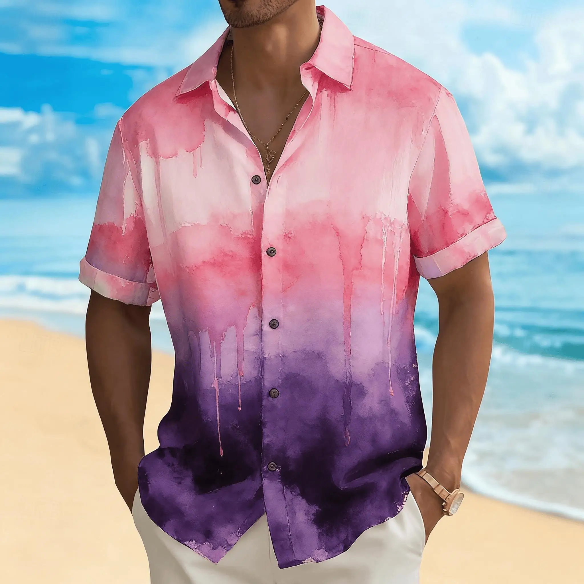 Men's Neon Colored Short Sleeved Shirt with Colorful Abstract Art Buttons, Suitable for Comfortable Summer Leisure Vacation
