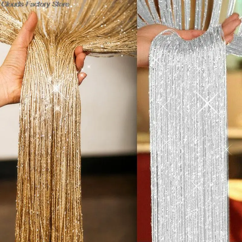100x100CM Living Room String Curtain Shiny Tassel Silver Line Cortinas Solid Color Window Home Door Divider Curtain