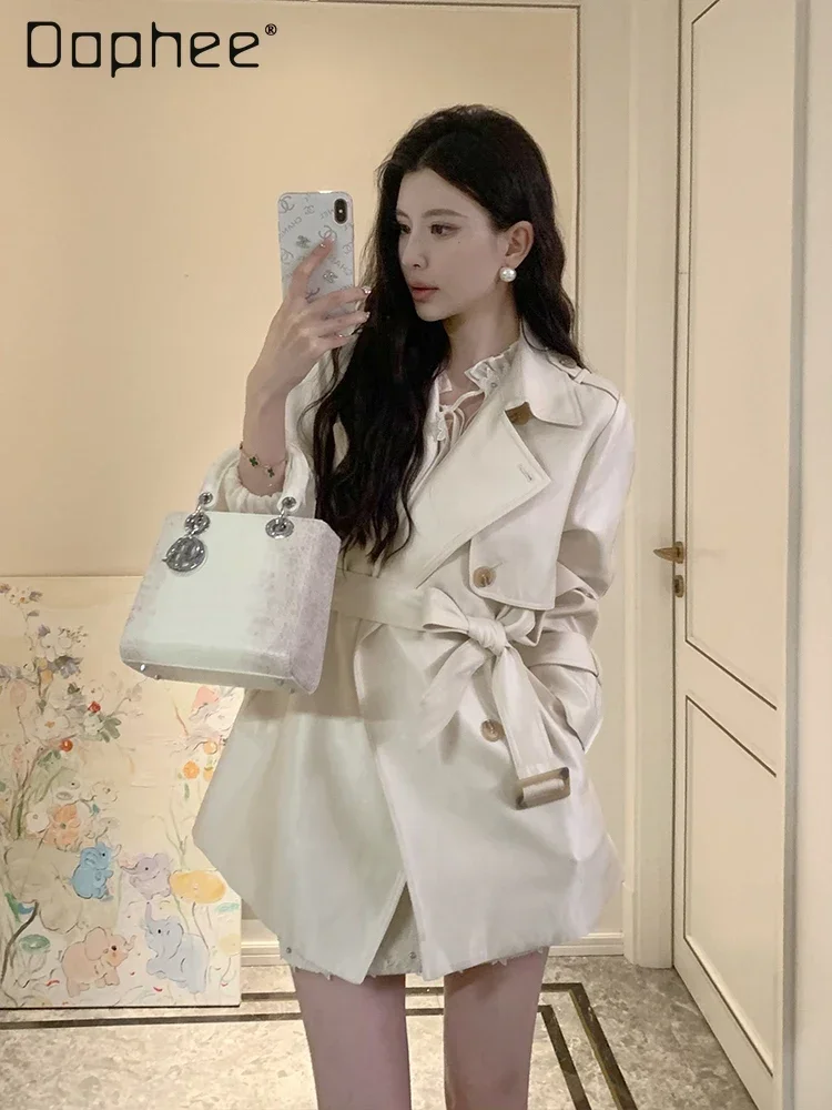 

Chic Lapel Trench Coat Medium Length Jacket Women 2024 Autumn Fashion Office Lady Commute White Female Trend Windbreaker